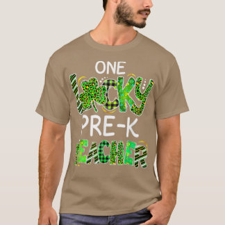 One Lucky Pre K Teacher Shamrock Leopard Plaid Pat T-Shirt