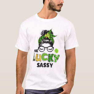 One Lucky Sassy Messy Bun Leopard St Patrick's Day T-Shirt