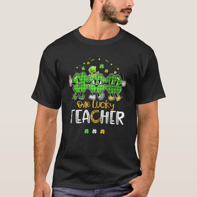 One Lucky Teacher Green Plaid Shamrock St Patrick' T-Shirt (Front)