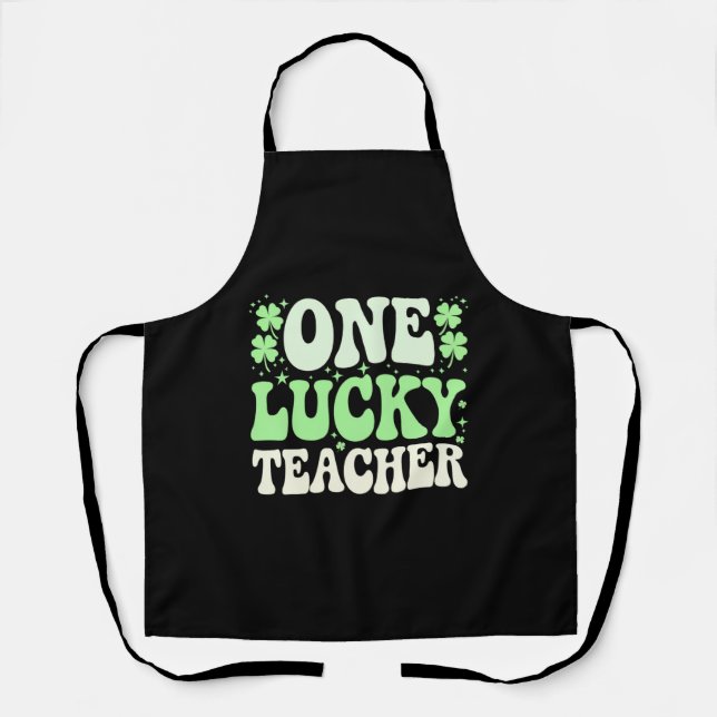 One Lucky Teacher Groovy Retro Teacher St Patricks Apron (Front)