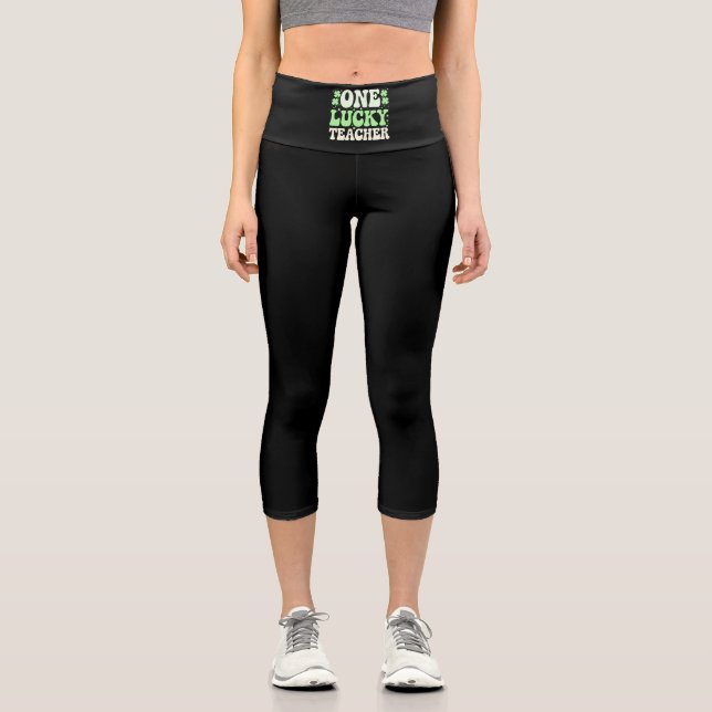 One Lucky Teacher Groovy Retro Teacher St Patricks Capri Leggings (Front)