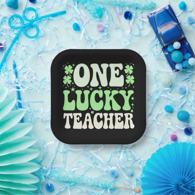 One Lucky Teacher Groovy Retro Teacher St Patricks Paper Plate (Party)