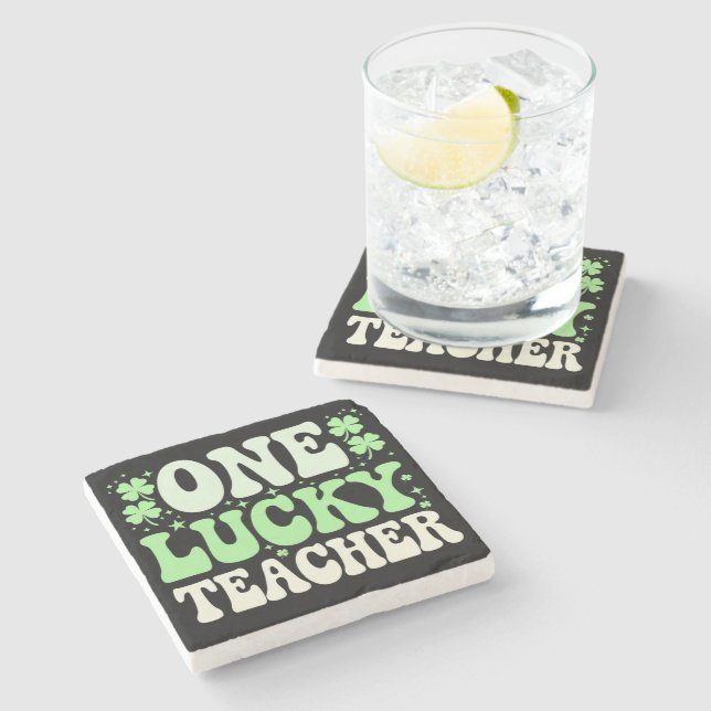 One Lucky Teacher Groovy Retro Teacher St Patricks Stone Coaster (Side)