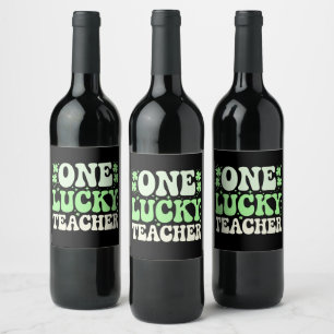 One Lucky Teacher Groovy Retro Teacher St Patricks Wine Label