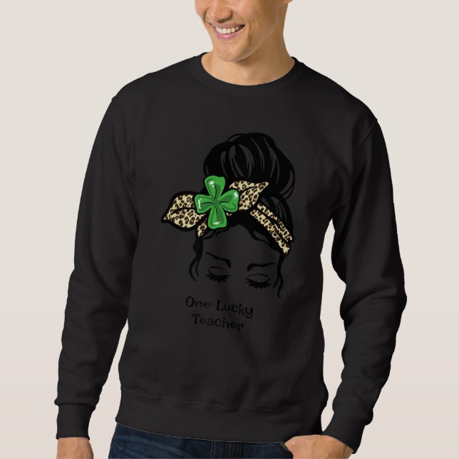 One Lucky Teacher Leopard Plaid Clover St Patricks Sweatshirt (Front)