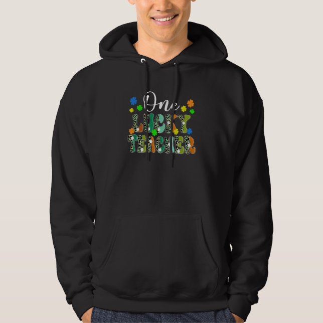One Lucky Teacher Leopard Print Cute Shamrock C Hoodie (Front)