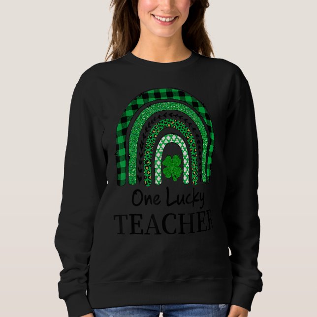 One Lucky Teacher Leprard Rainbow Plaid St Patrick Sweatshirt (Front)