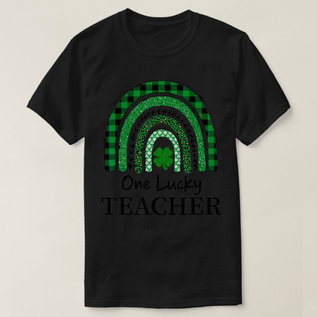 One Lucky Teacher Leprard Rainbow Plaid St Patrick T-Shirt (Design Front)
