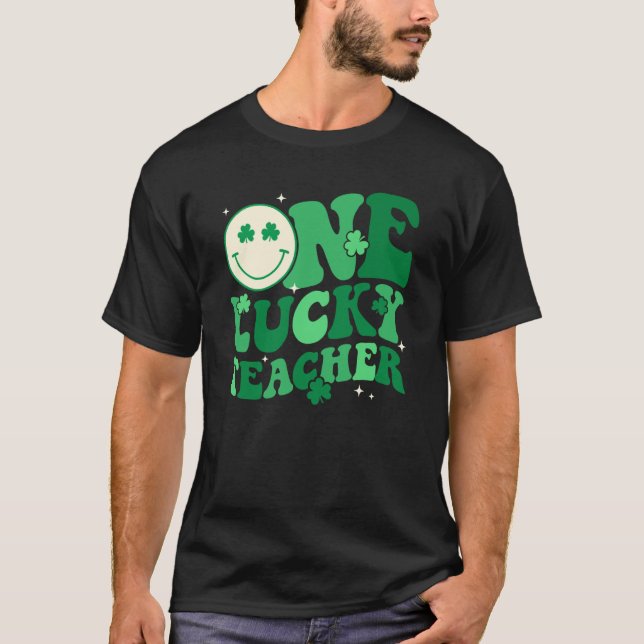 One Lucky Teacher Shamrock Groovy St Patrick's Day T-Shirt (Front)