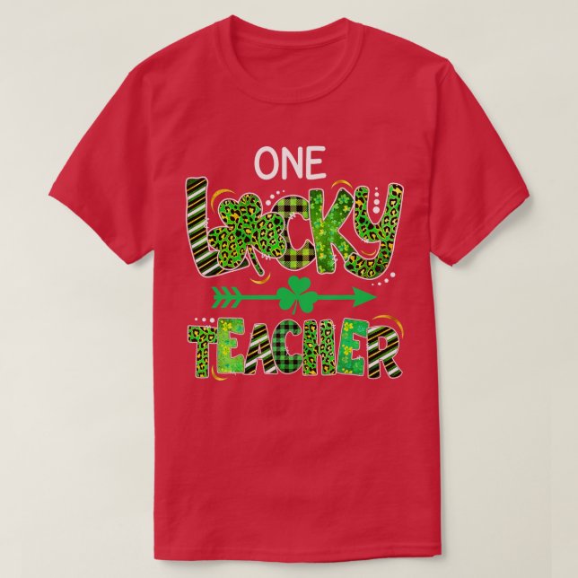 One Lucky Teacher Shamrock Leopard Plaid St T-Shirt (Design Front)