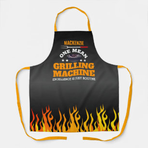 One Mean Grilling Machine with Name and Flame BLK Apron