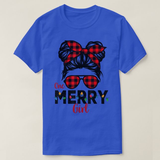 One Merry Girl Christmas Kids Messy Bun Buffalo Pl T-Shirt (Design Front)