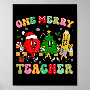 One Merry Teacher Groovy Christmas Tree Pjs Xmas T Poster