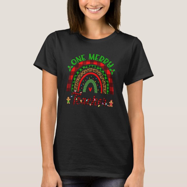 One Merry Teacher  Teacher Leopard Rainbow Christm T-Shirt (Front)