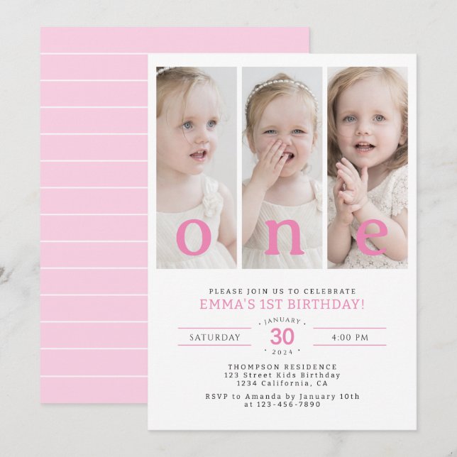 ONE Minimalist 1st Birthday Party Photo Collage Invitation (Front/Back)
