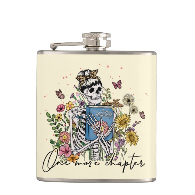 One More Chapter Floral Skeleton Hip Flask (Front)