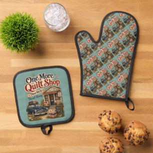 One More Quilt Shop Vintage Cottage Scene Oven Mitt & Pot Holder Set