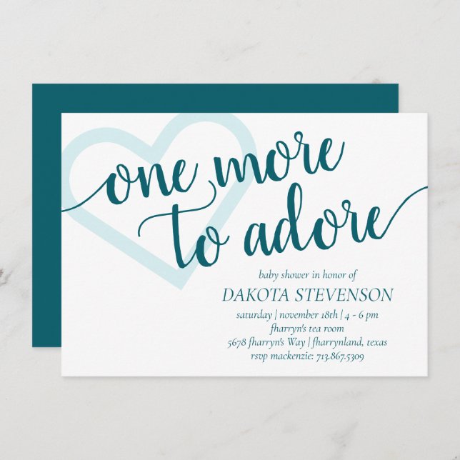One More to Adore | Aqua Teal Heart Baby Shower Invitation (Front/Back)