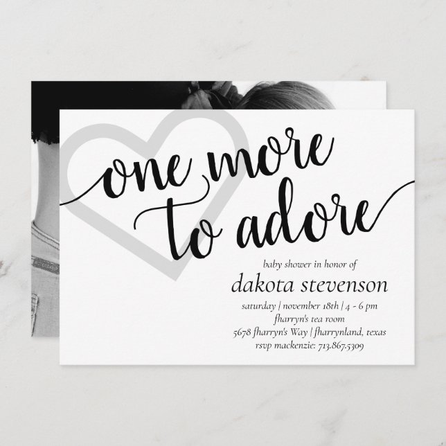 One More to Adore | Simple Black Baby Shower Photo Invitation (Front/Back)