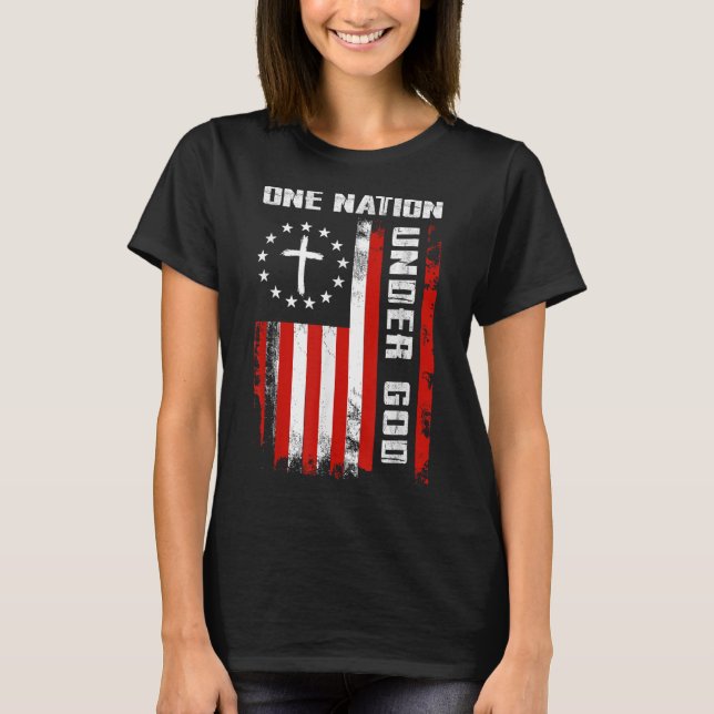 One Nation Under God American Flag Cross 4th Of Ju T-Shirt (Front)