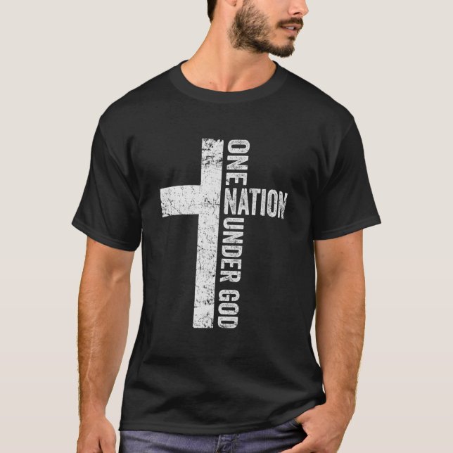 One Nation Under God - Christian Cross American Fl T-Shirt (Front)