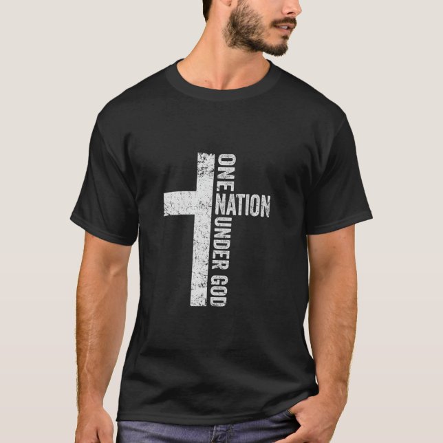 ONE NATION UNDER GOD Christian Cross American Flag T-Shirt (Front)