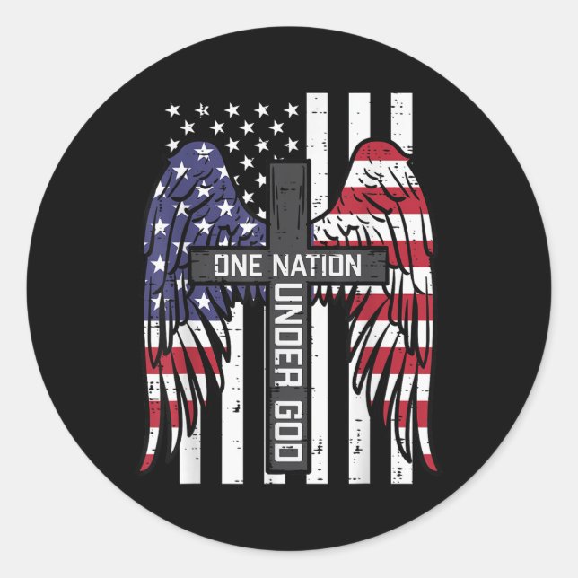 One Nation Under God Cross Flag Wings Memorial Classic Round Sticker (Front)