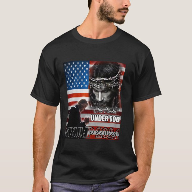 One Nation Under God Trump 2024 God American Flag  T-Shirt (Front)