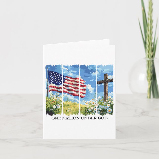 One Nation Under God Usa Flag Flowers Red White Bl Card (Front)