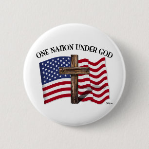 One Nation Under God with rugged cross and US flag 6 Cm Round Badge