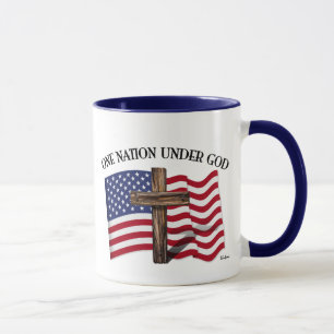 One Nation Under God with rugged cross and US flag Mug