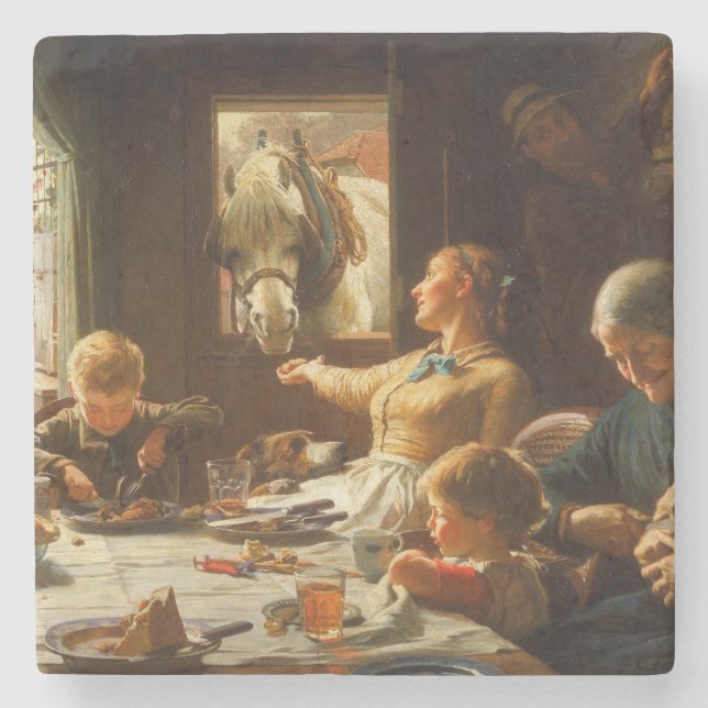 One of the Family (Donkey Being Fed) Stone Coaster (Front)