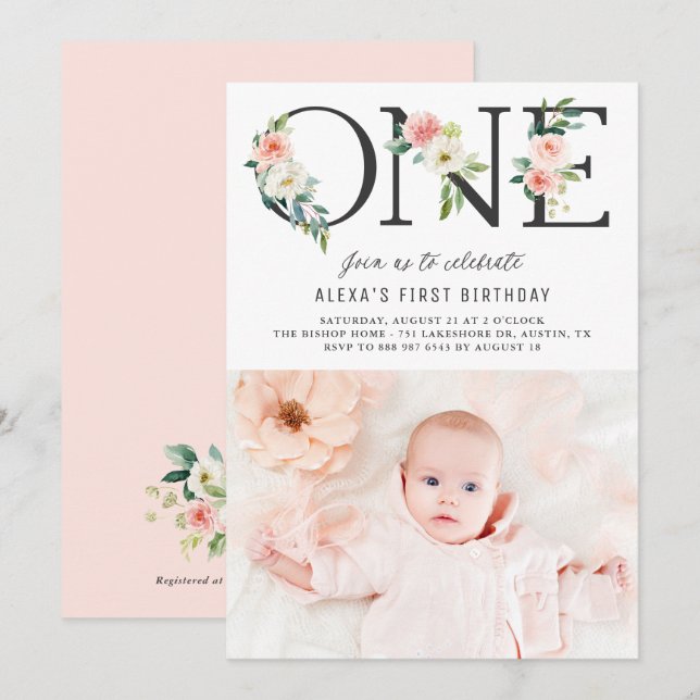 ONE Peach Florals First Birthday Photo Invitation (Front/Back)
