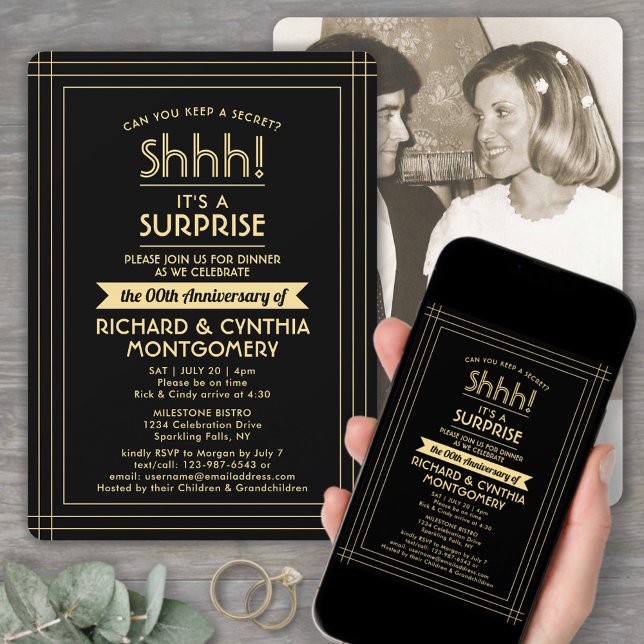 One Photo Anniversary Surprise Party Black & Gold Invitation (Creator Uploaded)