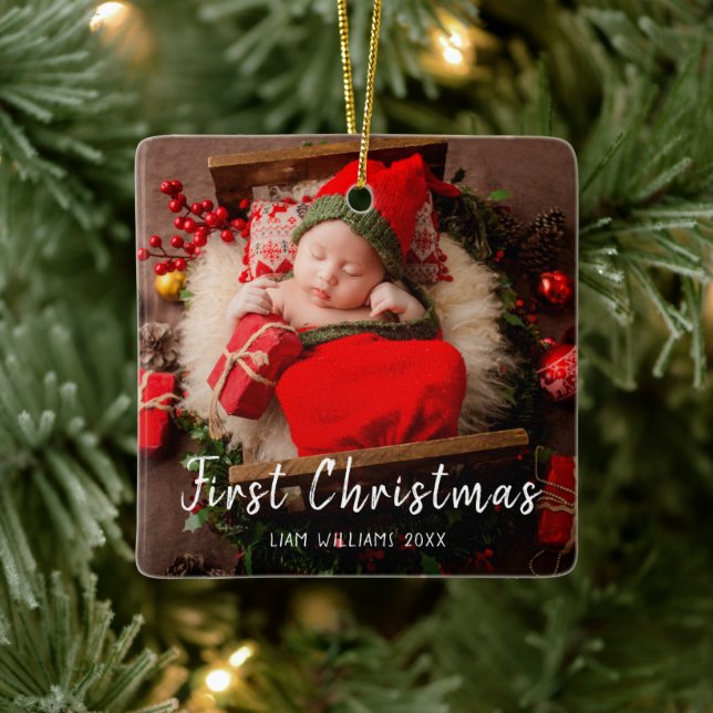 One photo baby first christmas modern white text  ceramic ornament (Tree)