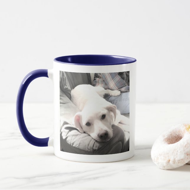 One Photo Best Dad Ever Cute Puppy Dog Blue Heart  Mug (With Donut)