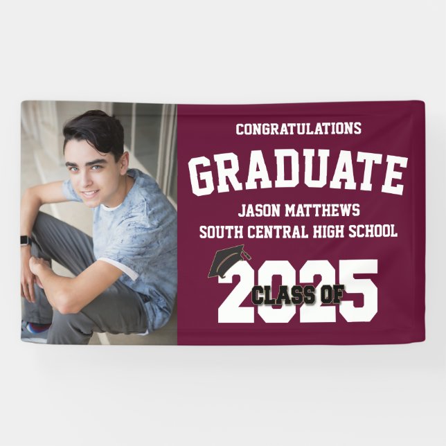 One Photo Burgundy Graduation Banner With Cap (Horizontal)