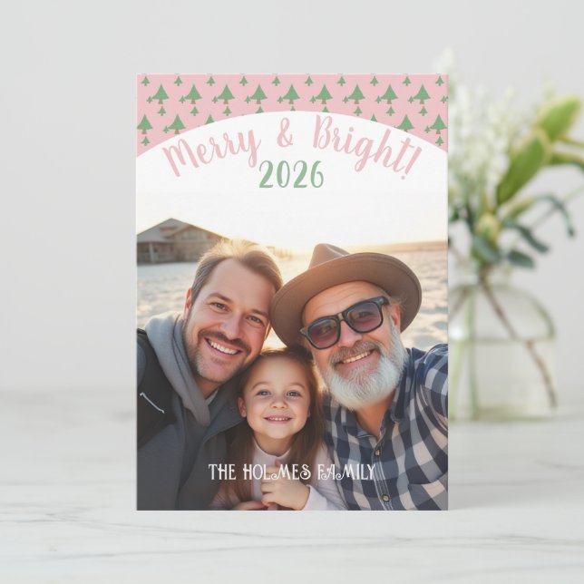 One Photo Christmas Family Cuie Pink Holiday Card (Standing Front)