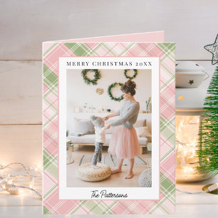 One Photo Classic Plaid Green and Pink Christmas Holiday Card