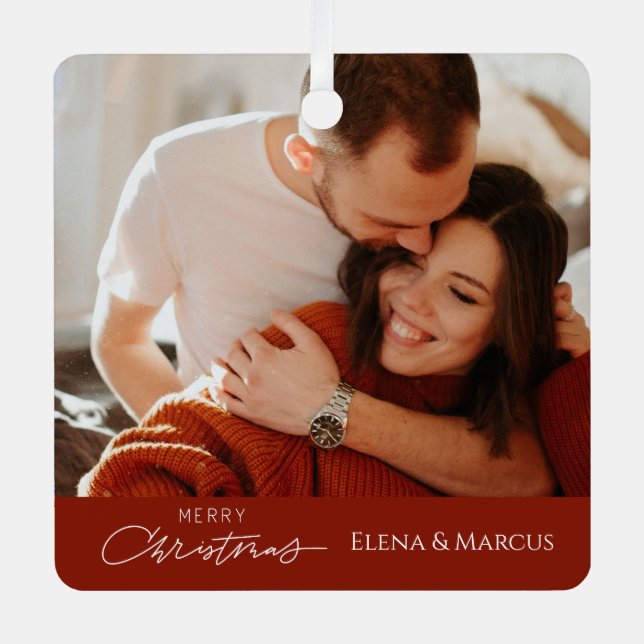 One photo Couples name Merry Christimas Tree  Metal Tree Decoration (Front)