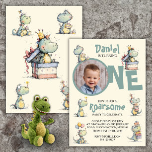 One Photo Dinosaur First Birthday Party Invitation