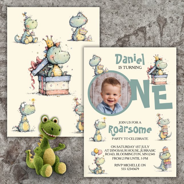 One Photo Dinosaur First Birthday Party Invitation (Creator Uploaded)