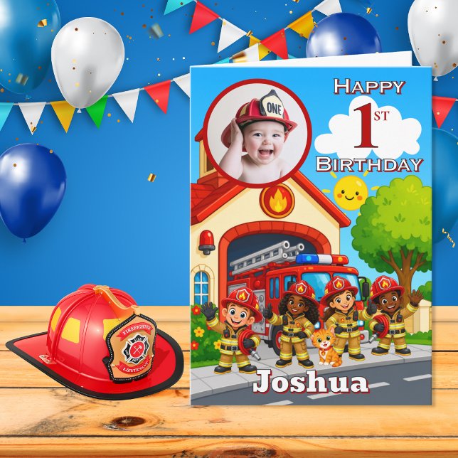 One Photo Firefighter 1st Birthday Card (Creator Uploaded)