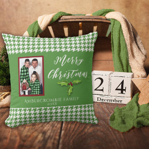 One Photo Holiday Green and White Houndstooth Cushion