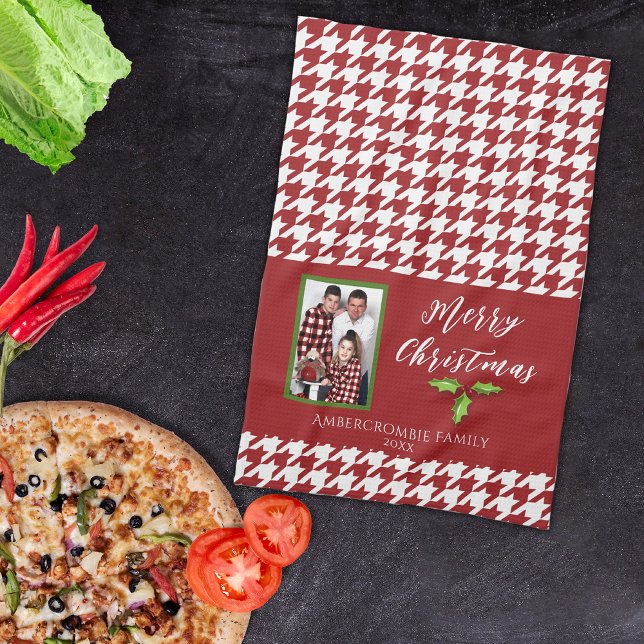 One Photo Holiday Red and White Houndstooth Tea Towel (Cute red houndstooth kitchen towel for your holiday display or to offer as gifts.)