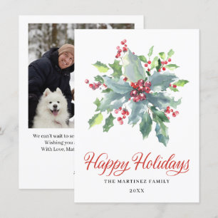 ONE PHOTO Holly and Berry Watercolor Greenery 2022 Holiday Card