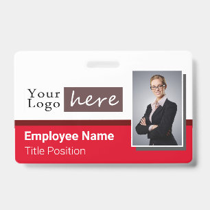 One Photo Horizontal Style Logo Red Employee Name ID Badge