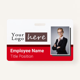 One Photo Horizontal Style Logo Red Employee Name ID Badge