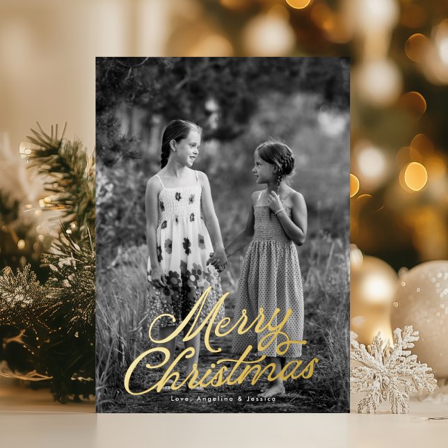 One Photo Lettering Overlay Merry Christmas Gold Foil Holiday Card (Creator Uploaded)