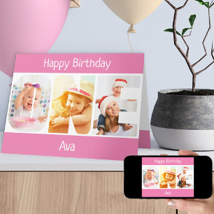 ONE Photo Letters Pink Girls 1st Birthday Card